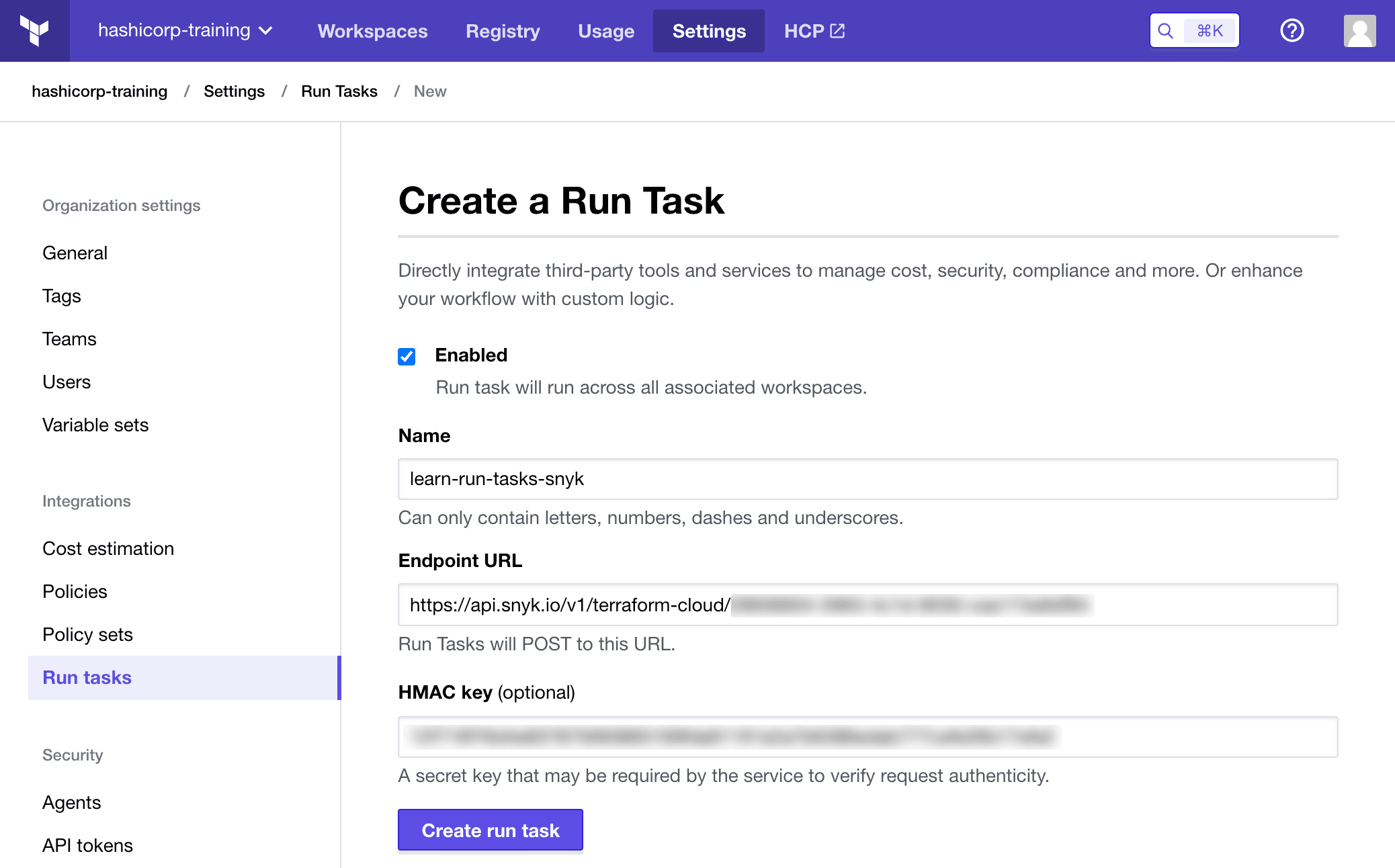 Configure HCP Terraform Snyk run task